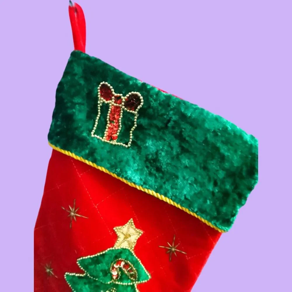 Oversized Christmas festive embellished holiday stocking in red, green and gold